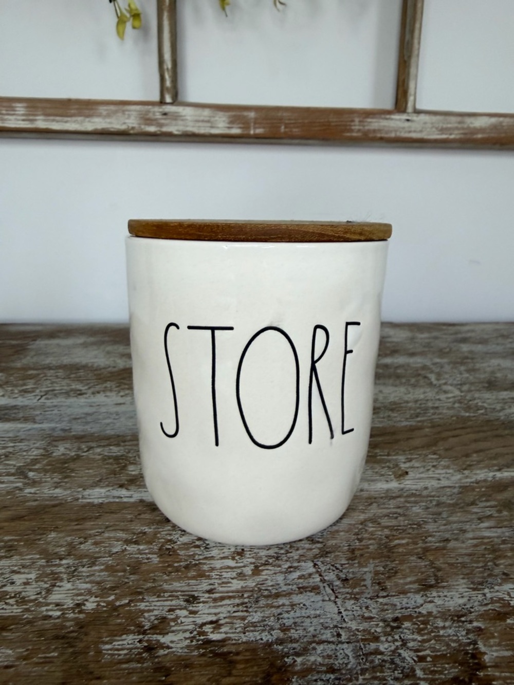 Rae Dunn Canister with Wood Lid - White "STORE" Design